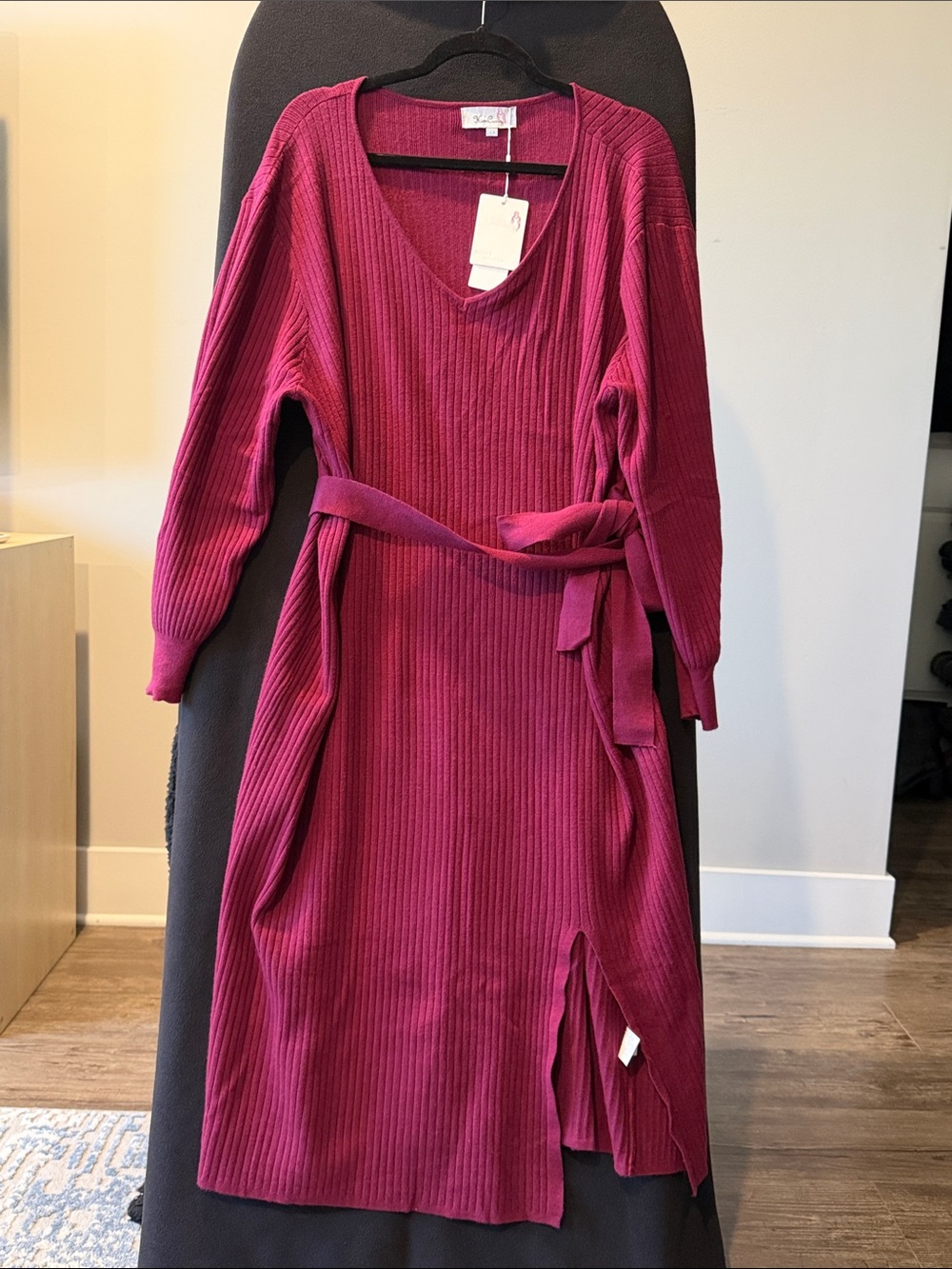 Amazon Ribbed V-Neck Belted Midi Dress in Berry
